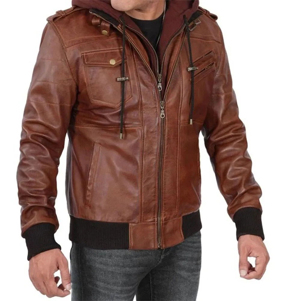 Mens Brown Leather Jacket with Hood by Jacket Field