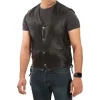 Mens Vintage V-Neck Black Leather Vest by Jacket Field