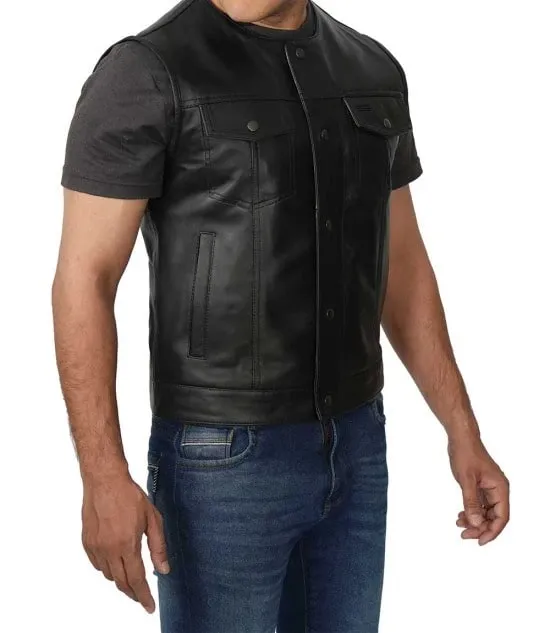 Western Style Mens Black Leather Vest by Jacket Field