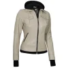 Beige Real Leather Bomber Jacket Women with Hood by Jacket Field