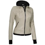 Beige Real Leather Bomber Jacket Women with Hood by Jacket Field
