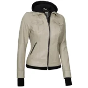 Beige Real Leather Bomber Jacket Women with Hood by Jacket Field