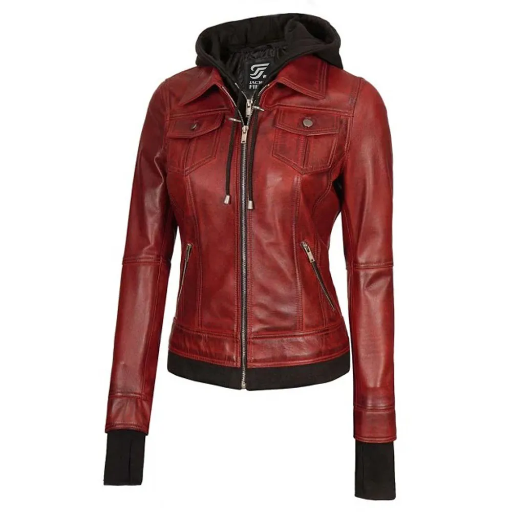 Tralee Maroon Leather Bomber Jacket Women with Removable Hood by Jacket Field