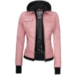 Pink Real Leather Bomber Jacket Women with Hood by Jacket Field