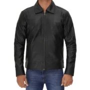 Mens Vegan Black Leather Jacket With Shirt Collar by Jacket Field