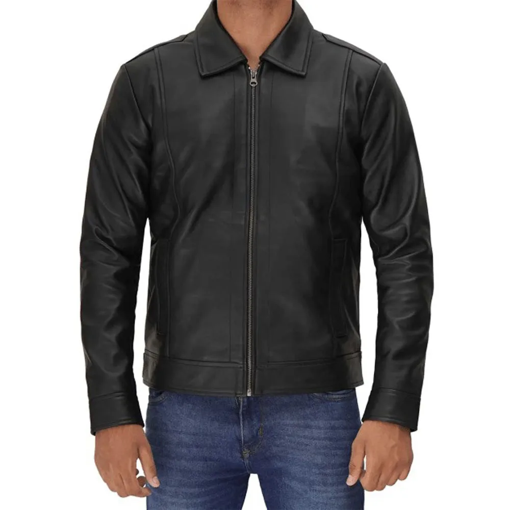 Mens Vegan Black Leather Jacket With Shirt Collar by Jacket Field