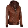 Cognac Brown Leather Bomber Jacket Women with Removable Hood by Jacket Field