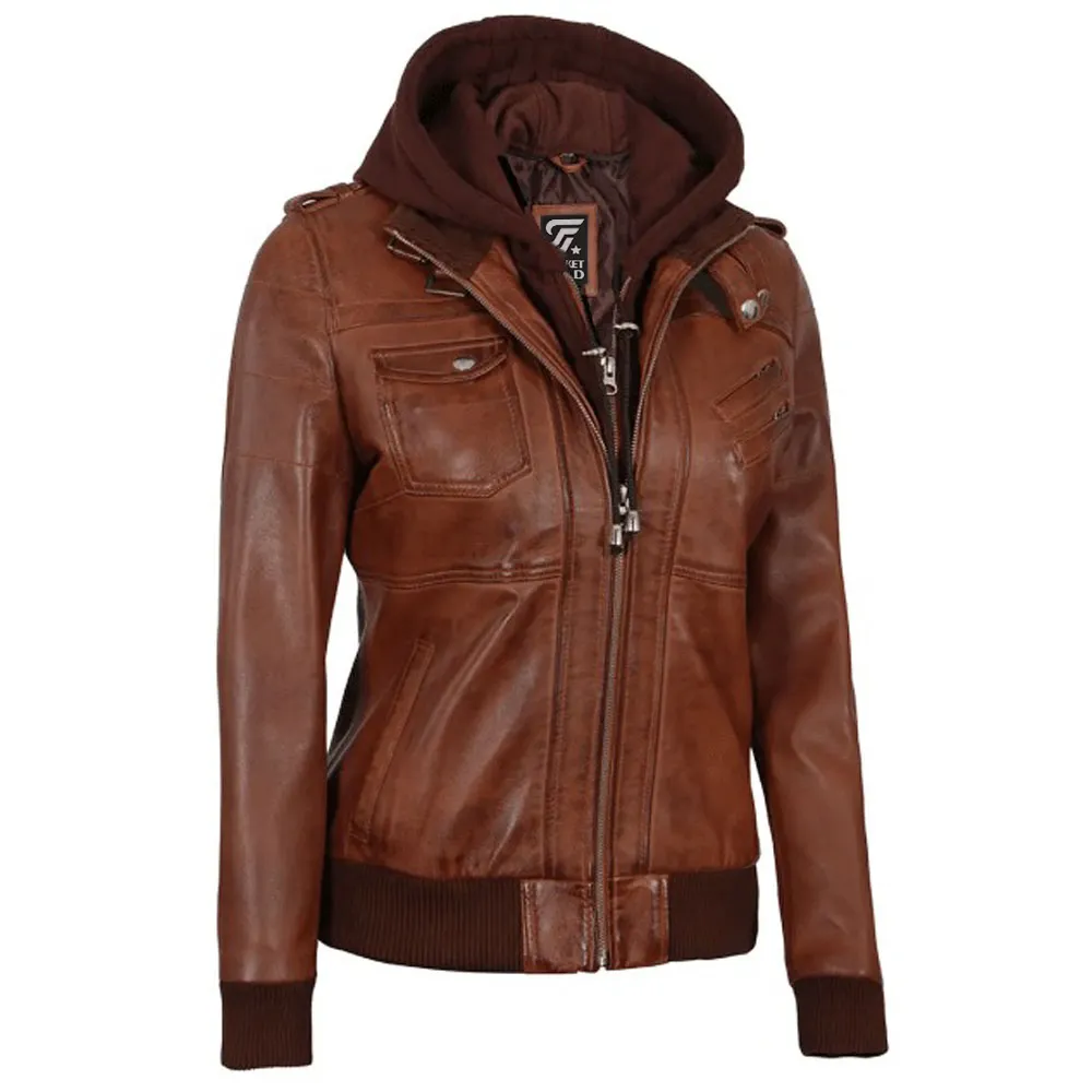 Cognac Brown Leather Bomber Jacket Women with Removable Hood by Jacket Field