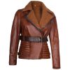 Womens Brown Asymmetrical Sherpa Leather Shearling Jacket by Jacket Field