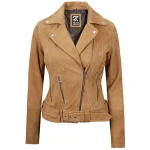 Womens Light Brown Asymmetrical Biker Leather Suede Jacket by Jacket Field