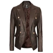 Womens Double-Breasted Rub Off Brown Leather Jacket by Jacket Field