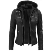 Women's Moto Black Leather Jacket with Removable Hood By Jacket Field