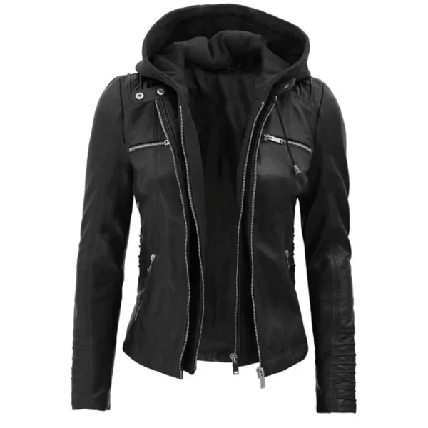 Women's Moto Black Leather Jacket with Removable Hood By Jacket Field