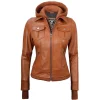Tan Wax Leather Bomber Jacket Women with Detachable Hood by Jacket Field