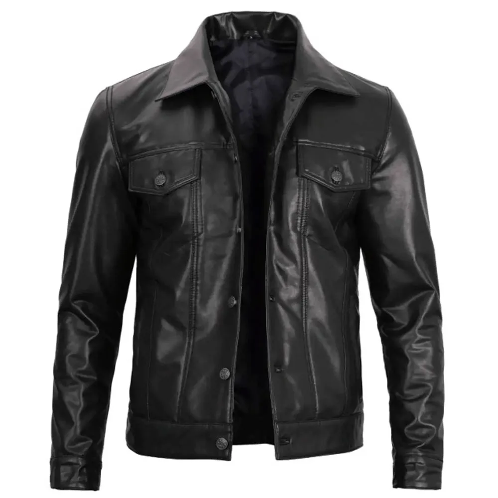 Mens Vegan Black Leather Jacket Trucker Style by Jacket Field