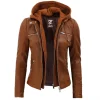 Tan Brown Leather Womens Jacket Motorcycle with Removable Hood by Jacket Field