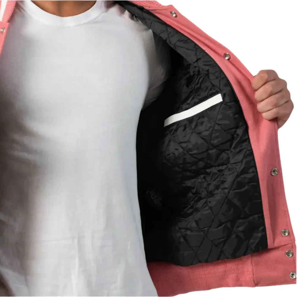 Mens Pink & White Leather Sleeves Clothing Varsity Jacket by Jacket Field
