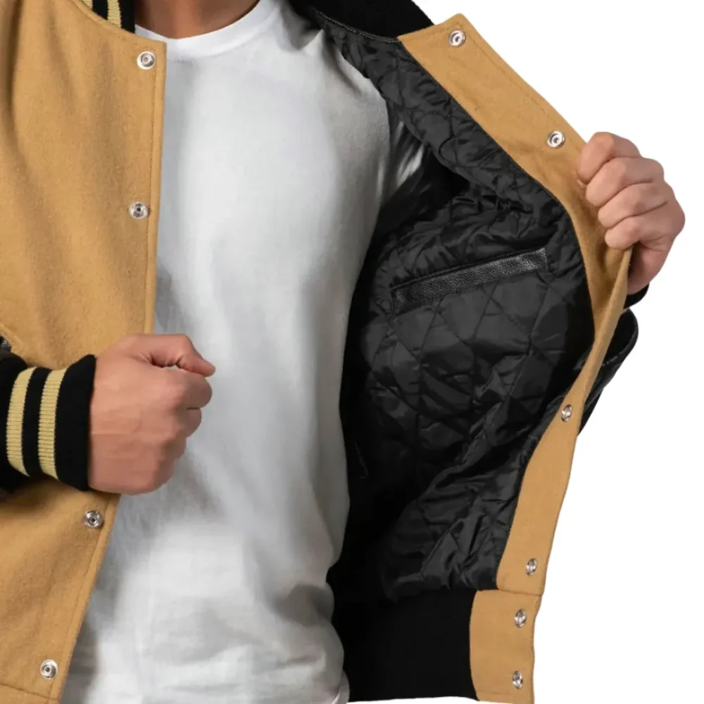 Mens Camel & Black Leather Sleeves Varsity Jacket by Jacket Field