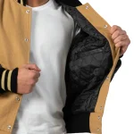 Mens Camel & Black Leather Sleeves Varsity Jacket by Jacket Field