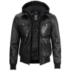 Mens Black Leather Bomber Jacket with Hood by Jacket Field