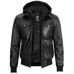 Mens Black Leather Bomber Jacket with Hood by Jacket Field