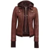 Dark Brown Leather Bomber Jacket Women with Removable Hood by Jacket Field