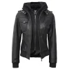 Black Leather Bomber Jacket Women with Removable Hood by Jacket Field