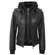 Black Leather Bomber Jacket Women with Removable Hood by Jacket Field