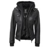 Black Leather Bomber Jacket Women with Removable Hood by Jacket Field