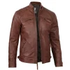 Mens Cognac Brown Leather Motorcycle Jacket Cafe Racer Style by Jacket Field
