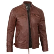 Mens Cognac Brown Leather Motorcycle Jacket Cafe Racer Style by Jacket Field