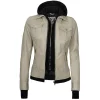 Beige Real Leather Bomber Jacket Women with Hood by Jacket Field