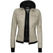 Beige Real Leather Bomber Jacket Women with Hood by Jacket Field