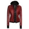 Tralee Maroon Leather Bomber Jacket Women with Removable Hood by Jacket Field