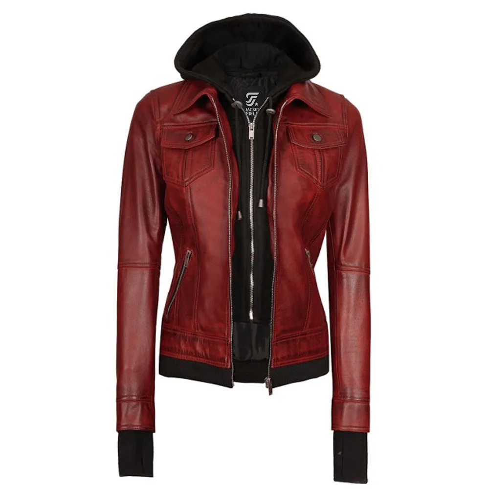 Tralee Maroon Leather Bomber Jacket Women with Removable Hood by Jacket Field