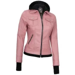 Pink Real Leather Bomber Jacket Women with Hood by Jacket Field