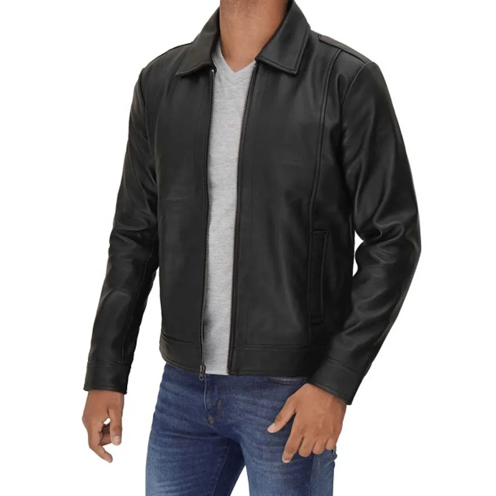 Mens Vegan Black Leather Jacket With Shirt Collar by Jacket Field