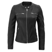 Women's Moto Black Leather Jacket with Removable Hood By Jacket Field