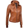 Tan Wax Leather Bomber Jacket Women with Detachable Hood by Jacket Field
