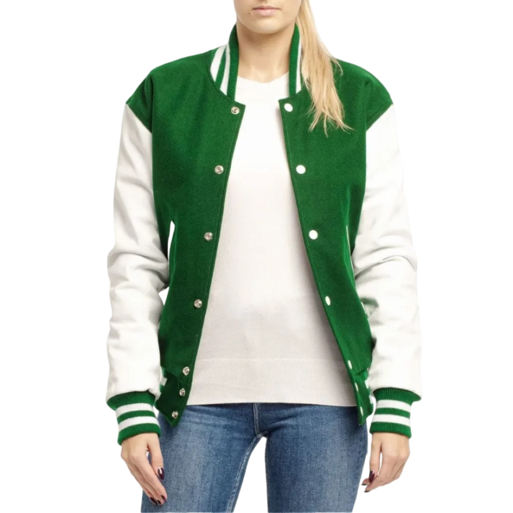 Womens Green and White Clothing Varsity Jacket by Jacket Field