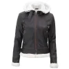 Brown Fur Lined Leather Bomber Jacket Women with Removable Hood by Jacket Field