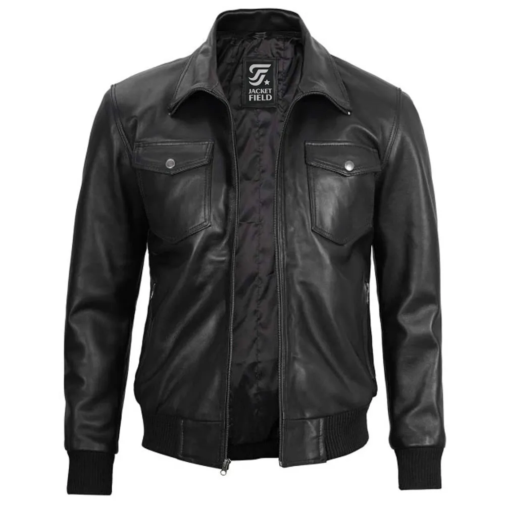 Mens Black Leather Bomber Jacket with Hood by Jacket Field
