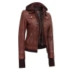 Dark Brown Leather Bomber Jacket Women with Removable Hood by Jacket Field
