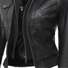 Black Leather Bomber Jacket Women with Removable Hood by Jacket Field