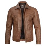Mens Trucker Brown Leather Jacket by Jacket Field