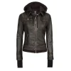 Tralee Dark Brown Leather Bomber Jacket Women with Hood by Jacket Field