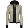 Beige Real Leather Bomber Jacket Women with Hood by Jacket Field
