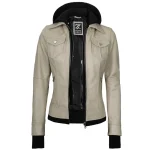 Beige Real Leather Bomber Jacket Women with Hood by Jacket Field