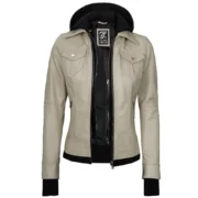 Beige Real Leather Bomber Jacket Women with Hood by Jacket Field