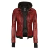 Tralee Maroon Leather Bomber Jacket Women with Removable Hood by Jacket Field